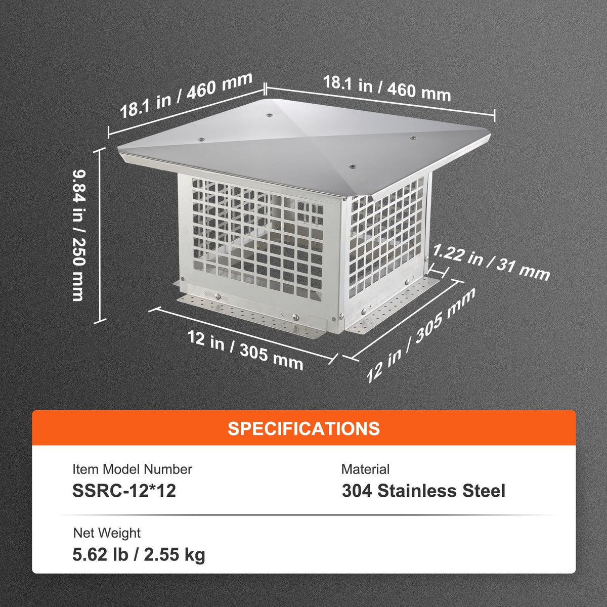 VEVOR Chimney Cap, 12 x 12 inch, 304 Stainless Steel Fireplace Chimney by Lemon Thalassa