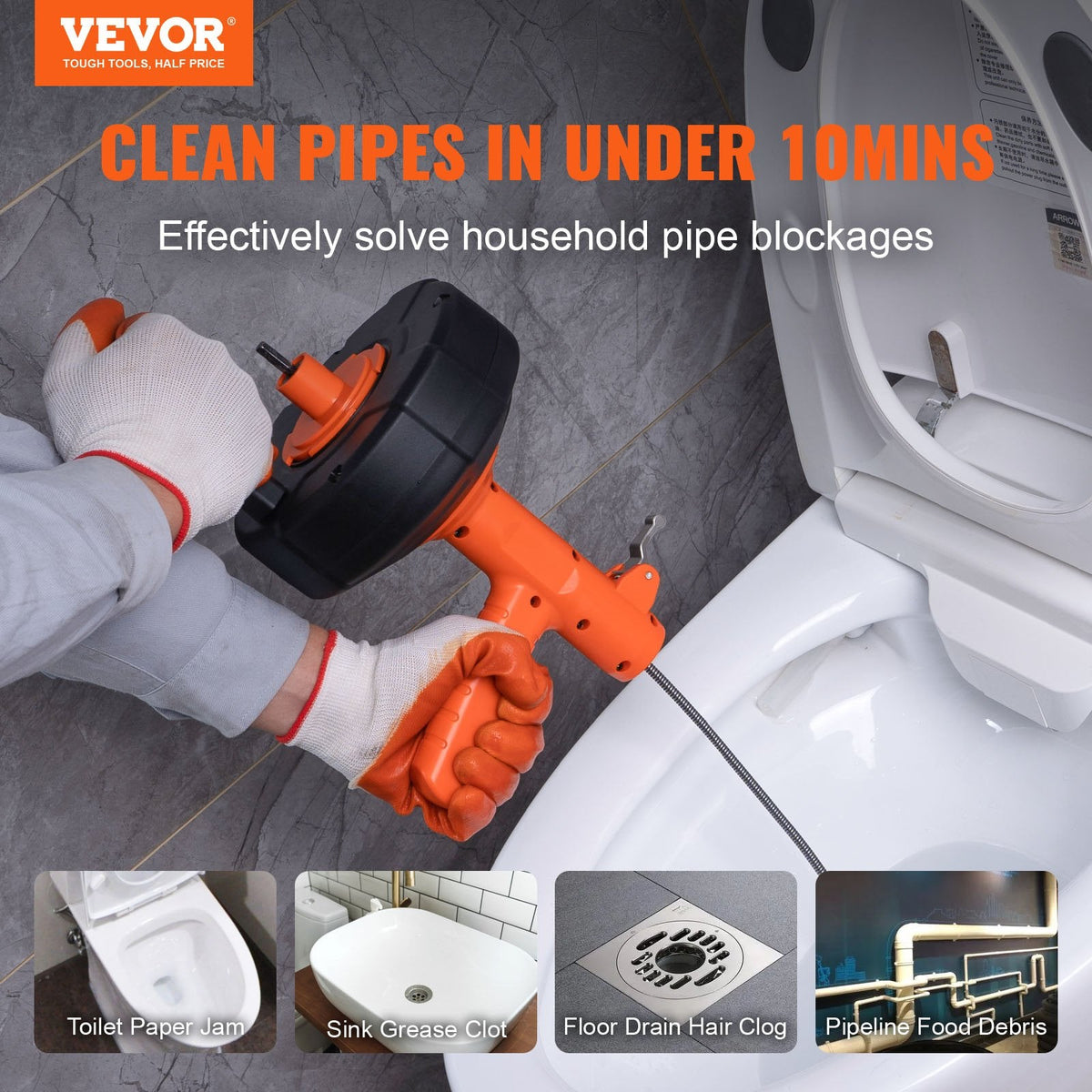 VEVOR Drain Auger 762 cm, Plumbing Snake Auto Feed, Plumbers Snake by Lemon Thalassa