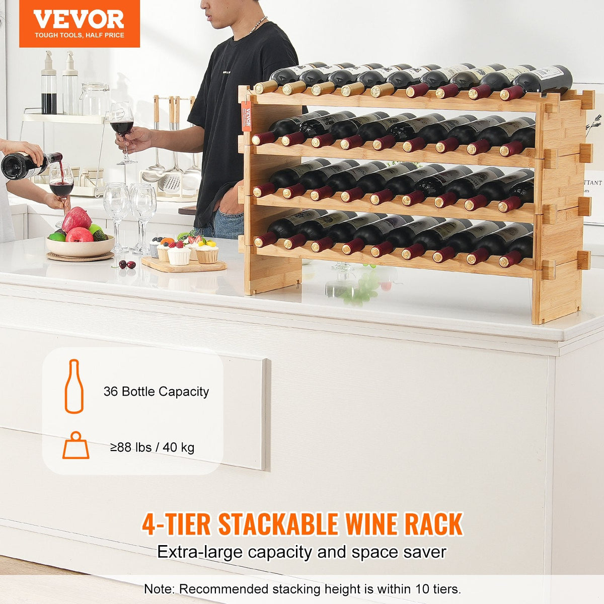 VEVOR 36 Bottle Stackable Modular Wine Rack, 4-Tier Solid Bamboo Wood by Lemon Thalassa