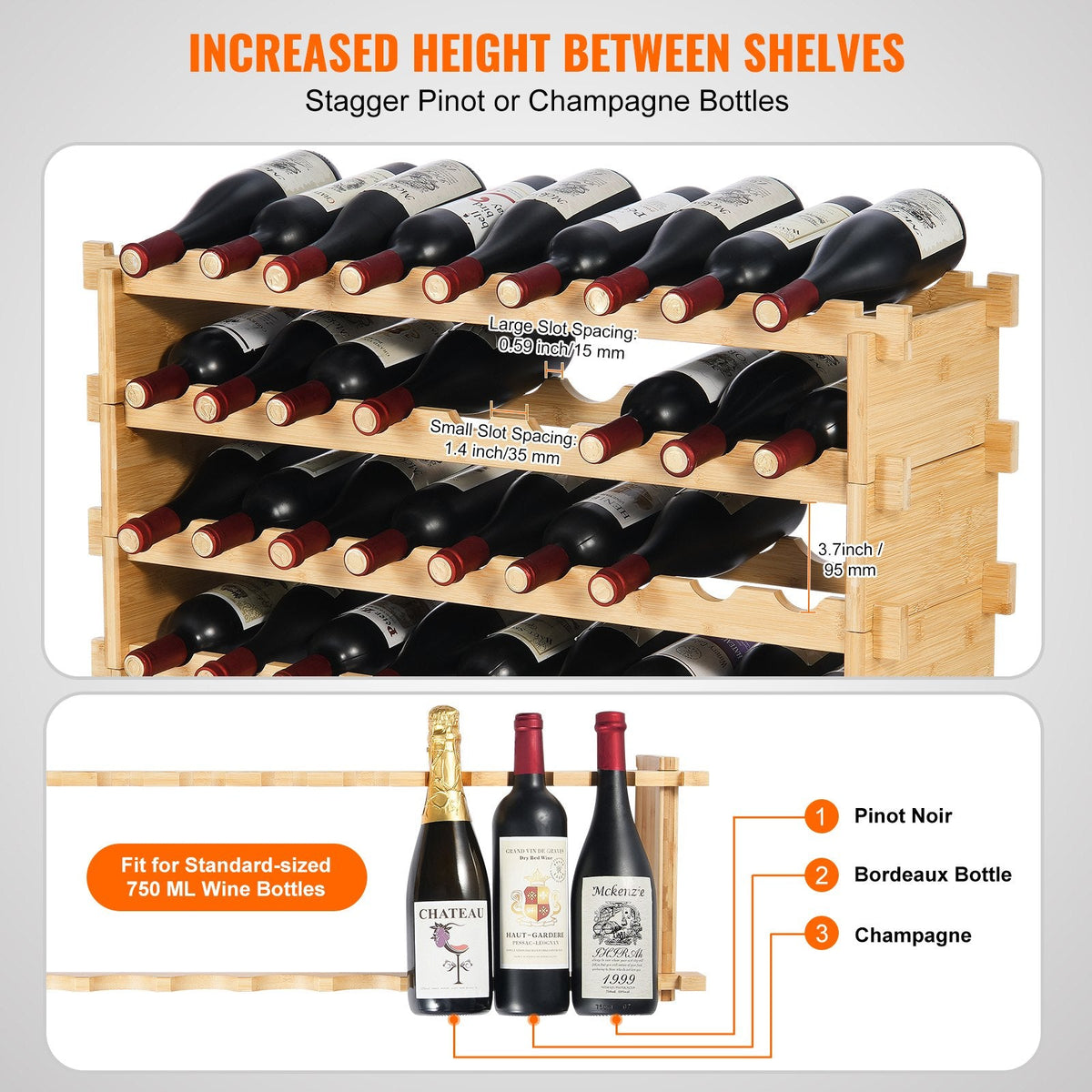 VEVOR 36 Bottle Stackable Modular Wine Rack, 4-Tier Solid Bamboo Wood by Lemon Thalassa
