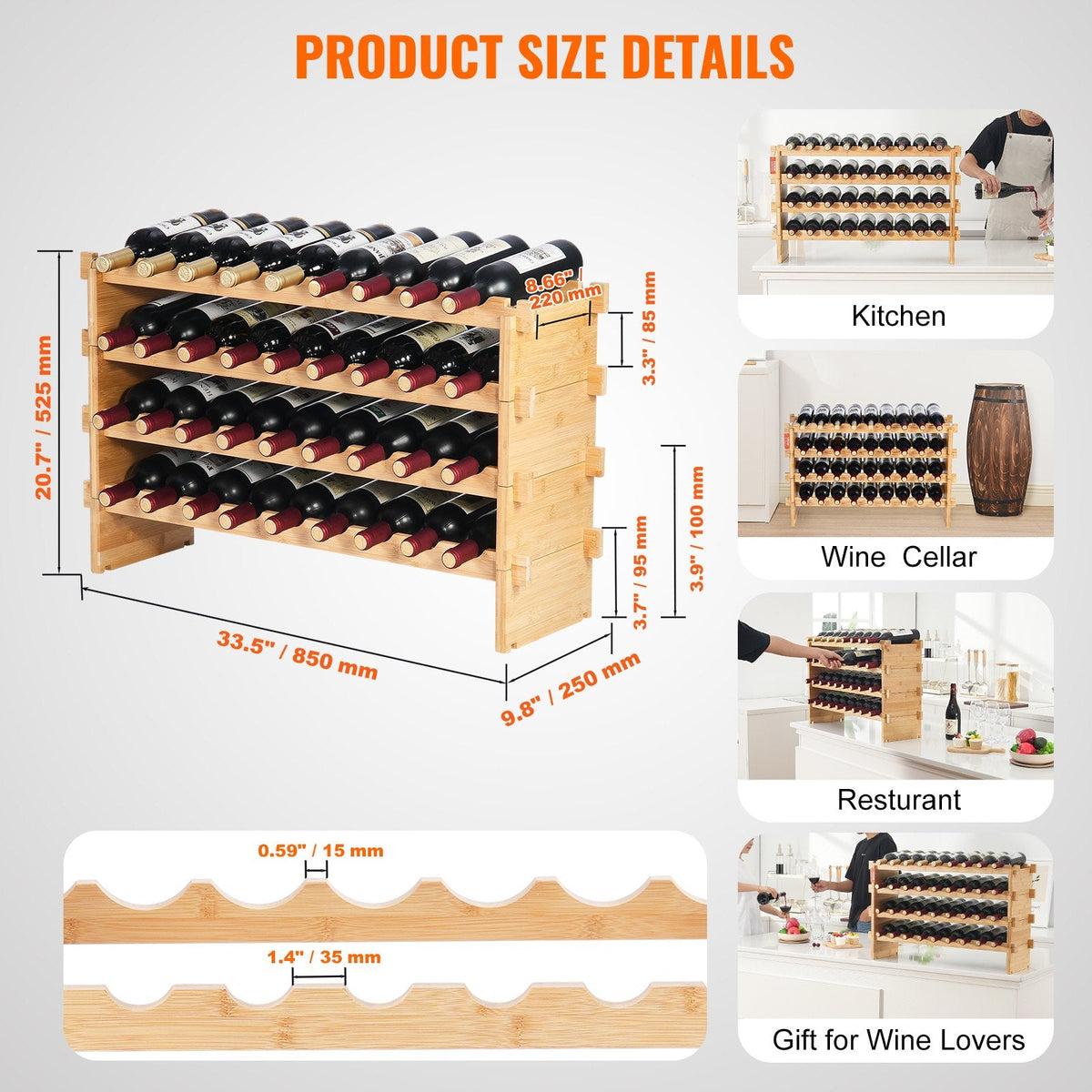 VEVOR 36 Bottle Stackable Modular Wine Rack, 4-Tier Solid Bamboo Wood by Lemon Thalassa