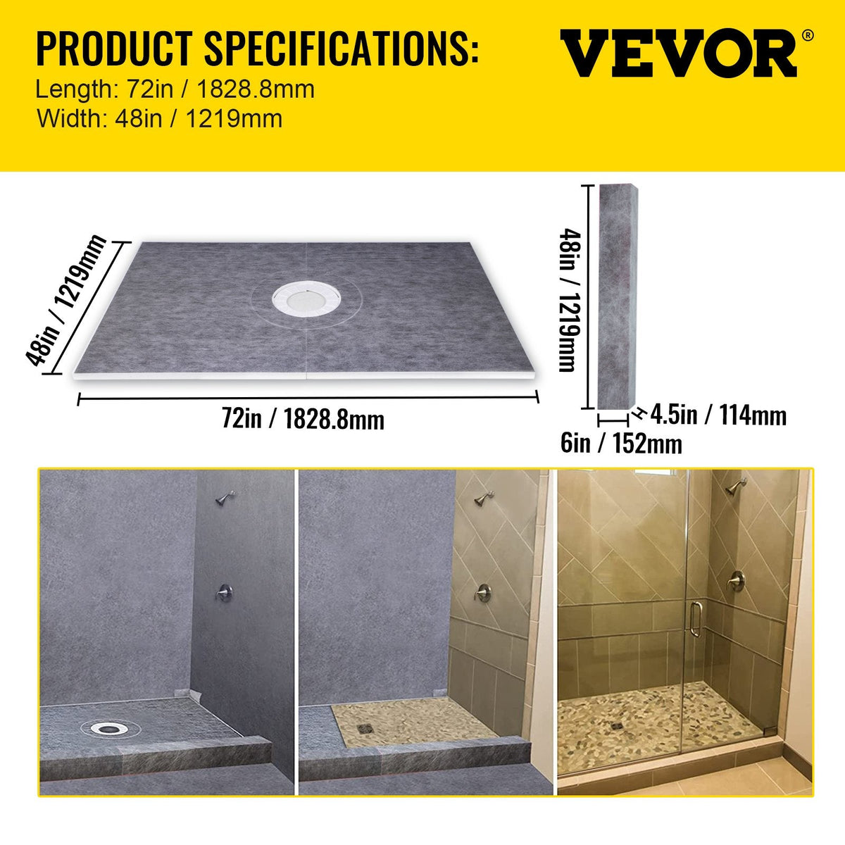 VEVOR Shower Curb Kit, 48\"x72\" Watertight Shower Curb Overlay with by Lemon Thalassa