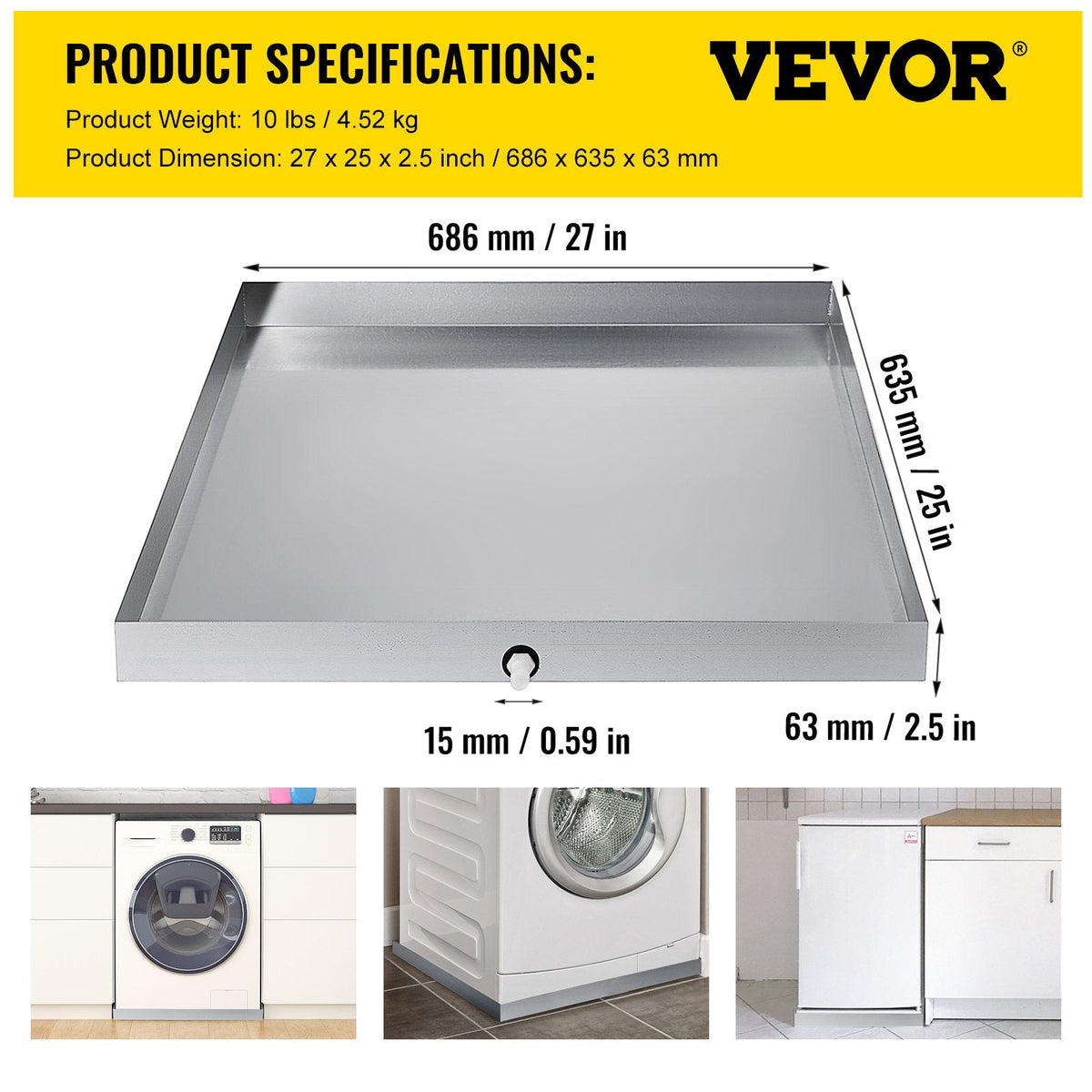 VEVOR 27 x 25 x 2.5 Inch Washing Machine Pan 304 Stainless Steel by Lemon Thalassa