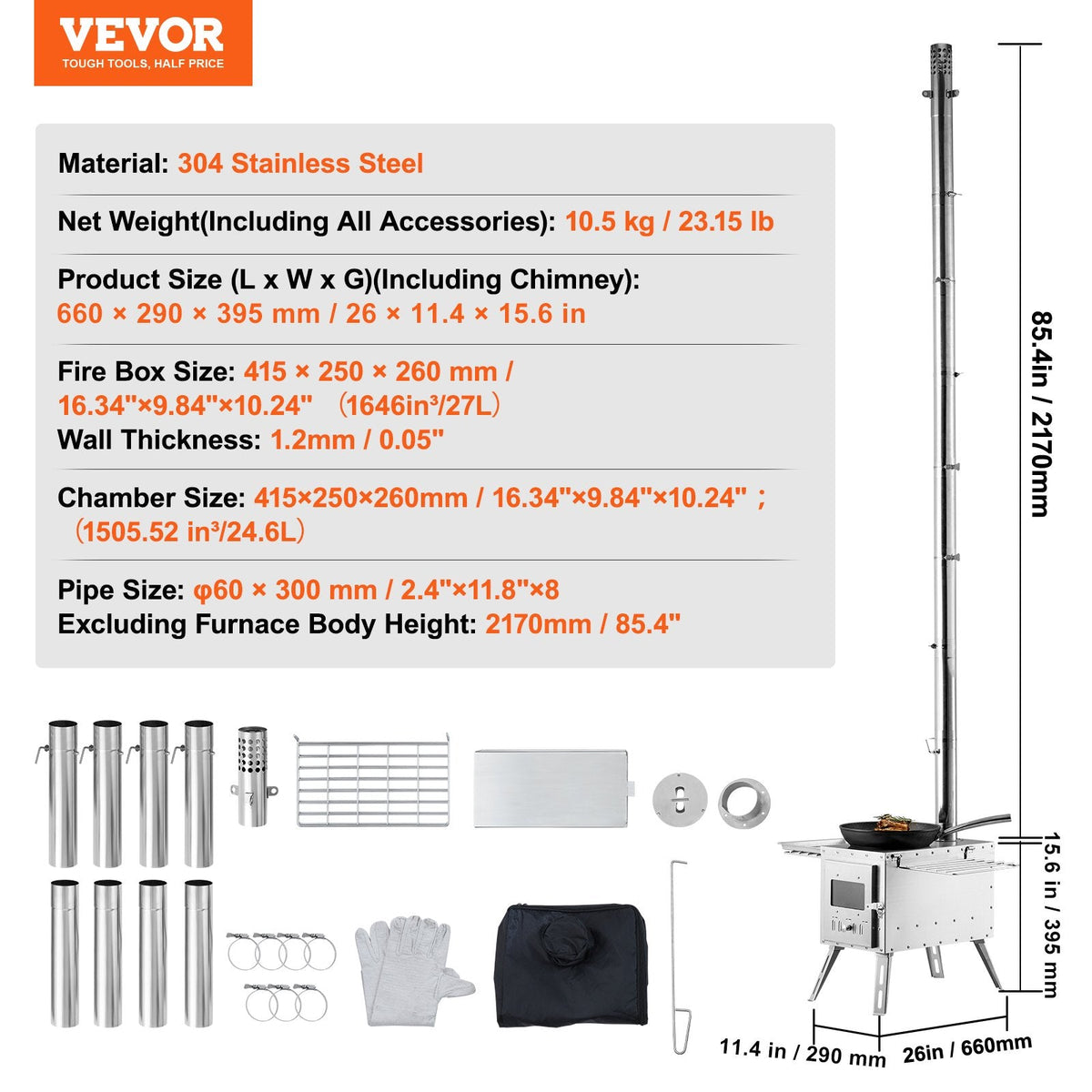 VEVOR Wood Stove, 218.44 cm, Stainless Steel Camping Tent Stove, by Lemon Thalassa