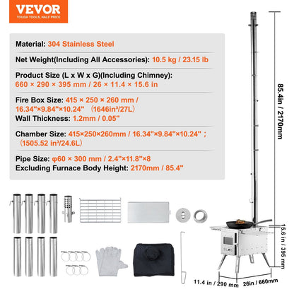 VEVOR Wood Stove, 218.44 cm, Stainless Steel Camping Tent Stove, by Lemon Thalassa