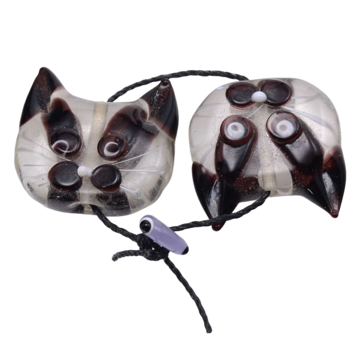 Lampwork Glass Cat Head Beads - Black White Brown Swirl Pattern 22mm - Set of 2 Handmade Art Glass Animal Beads by Continental Bead Suppliers