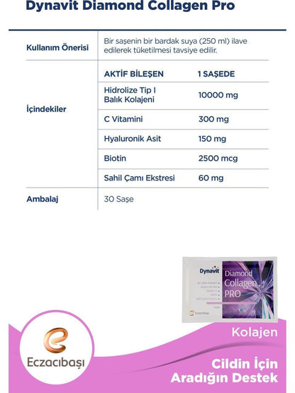 Dynavit Diamond Collagen Pro 30 Sachets - Premium Collagen Supplement with Hyaluronic Acid & Vitamin C for Skin Hydration and Anti-Aging by Beauty Care Bag