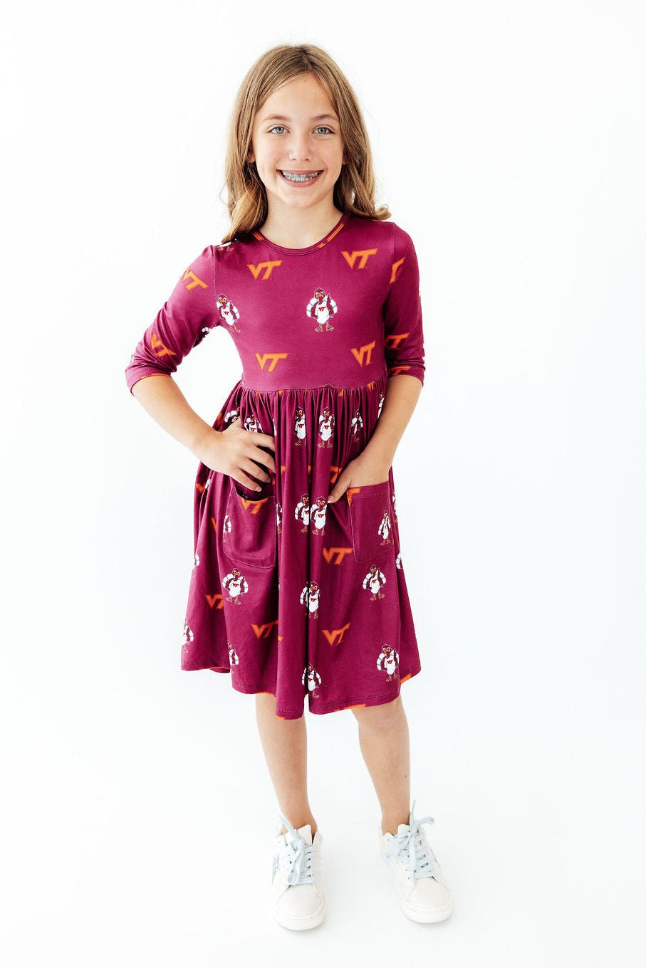 Virginia Tech Maroon Hokie 3/4 Sleeve Pocket Twirl DressTwirl Dress - 3/4 - PocketTorqelo.com