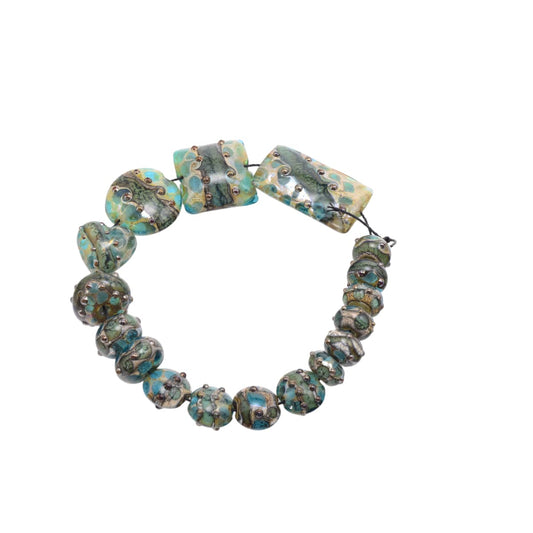 Handmade Lampwork Glass Bead Set - Turquoise Green Ocean Colors with Silver Foil - 17 Mixed Shape Beads by Continental Bead Suppliers