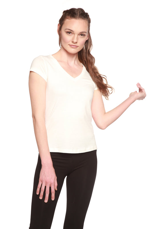 Women's bamboo viscose and organic cotton v-neck cap sleeve t-shirt