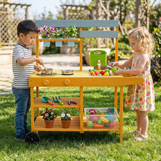Wooden Outdoor Mud Kitchen for Kids with Wheels - YellowPlay KitchenTorqelo.com