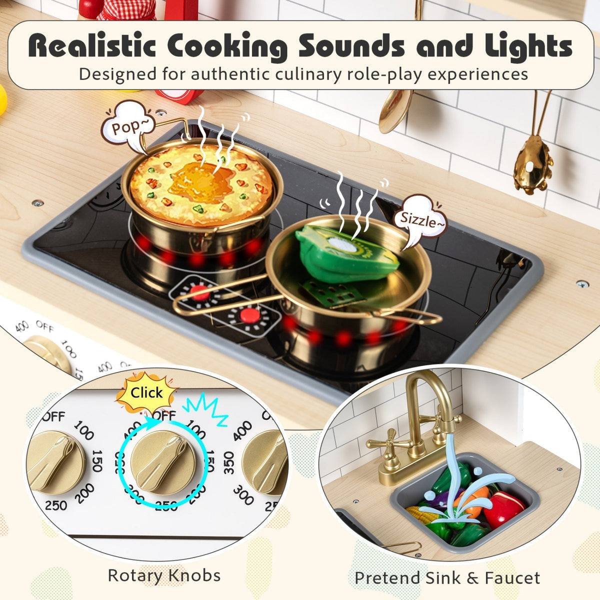 Wooden Play Kitchen for Kids with Realistic Lights and SoundsTorqelo.com