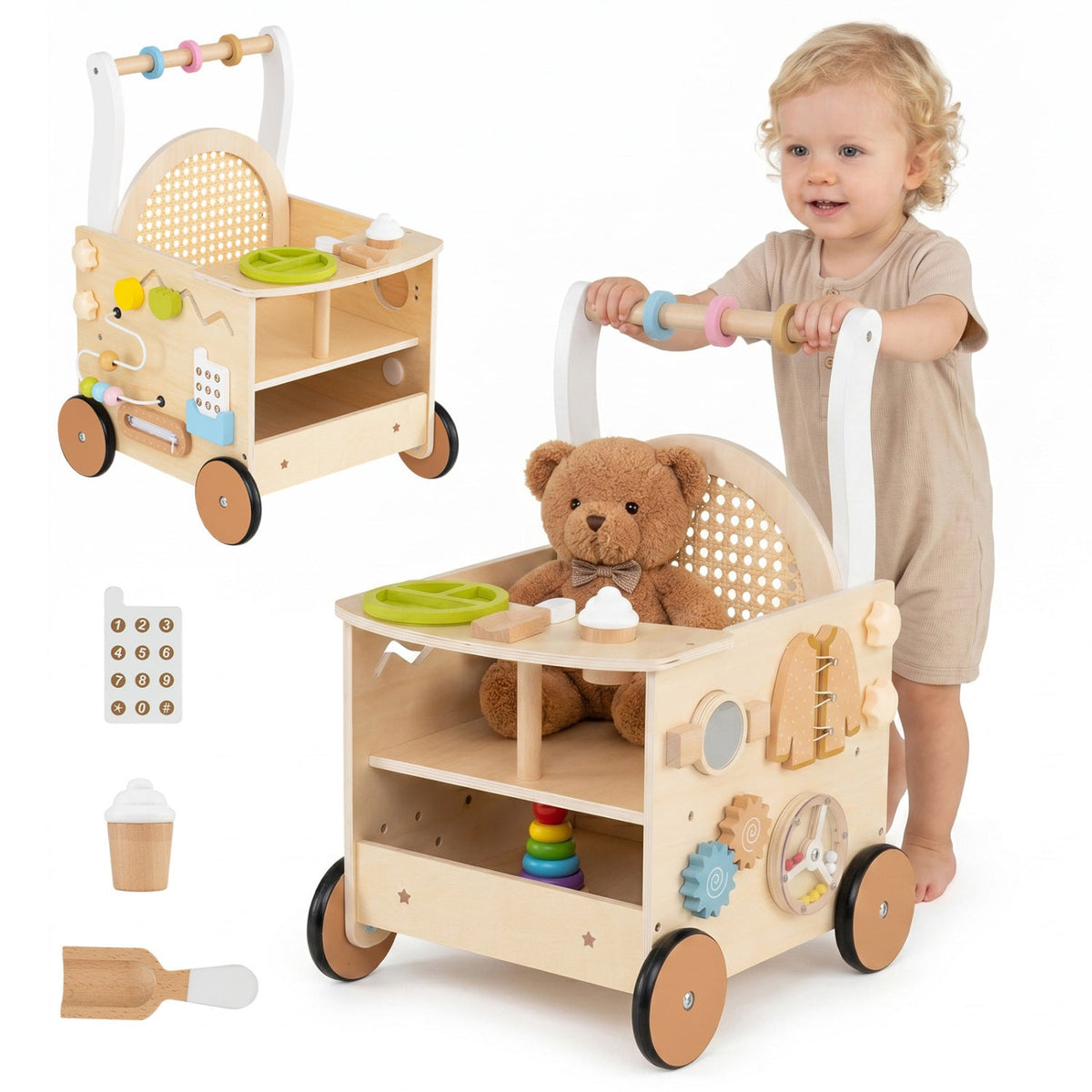 Wooden Push Walker 13-in-1 Activity Center with StorageBaby WalkerTorqelo.com