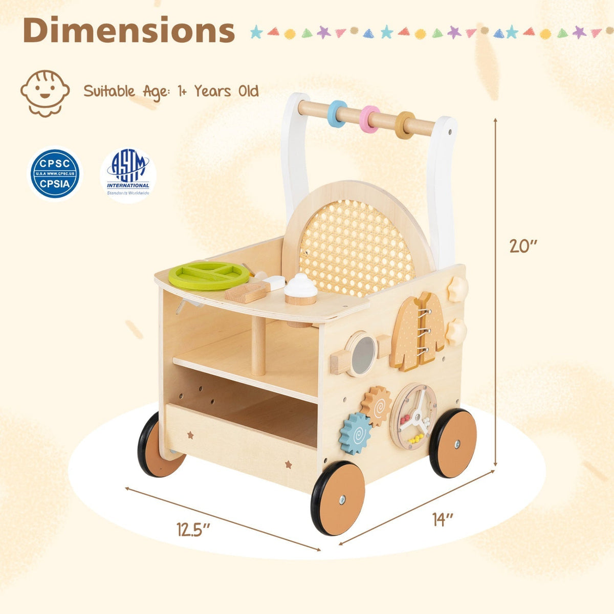 Wooden Push Walker 13-in-1 Activity Center with StorageBaby WalkerTorqelo.com