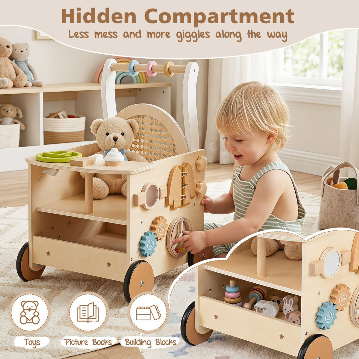 Wooden Push Walker 13-in-1 Activity Center with StorageBaby WalkerTorqelo.com