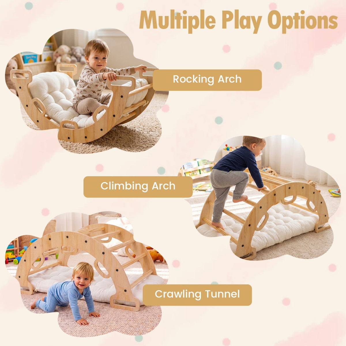Wooden Rocking Climbing Arch with Cushion 3-in-1 MontessoriClimbing ToyTorqelo.com