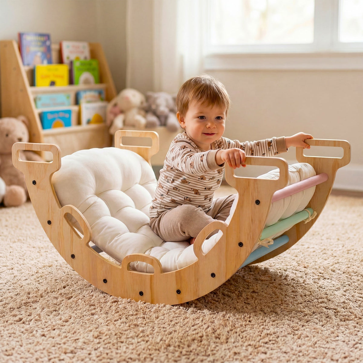 Wooden Rocking Climbing Arch with Cushion 3-in-1 MontessoriClimbing ToyTorqelo.com