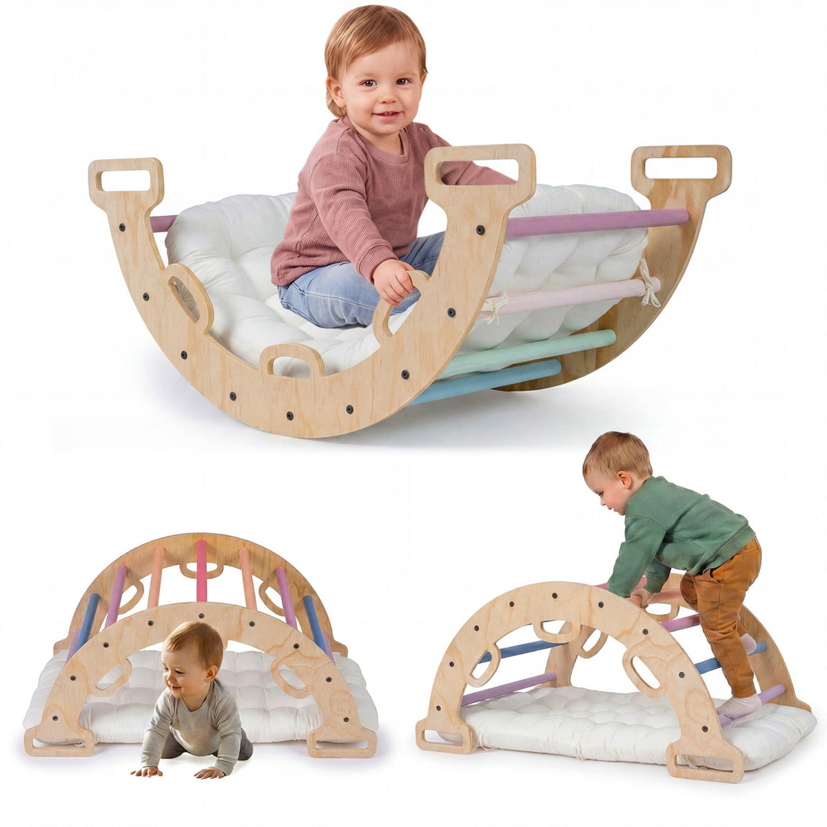 Wooden Rocking Climbing Arch with Cushion 3-in-1 MontessoriClimbing ToyTorqelo.com