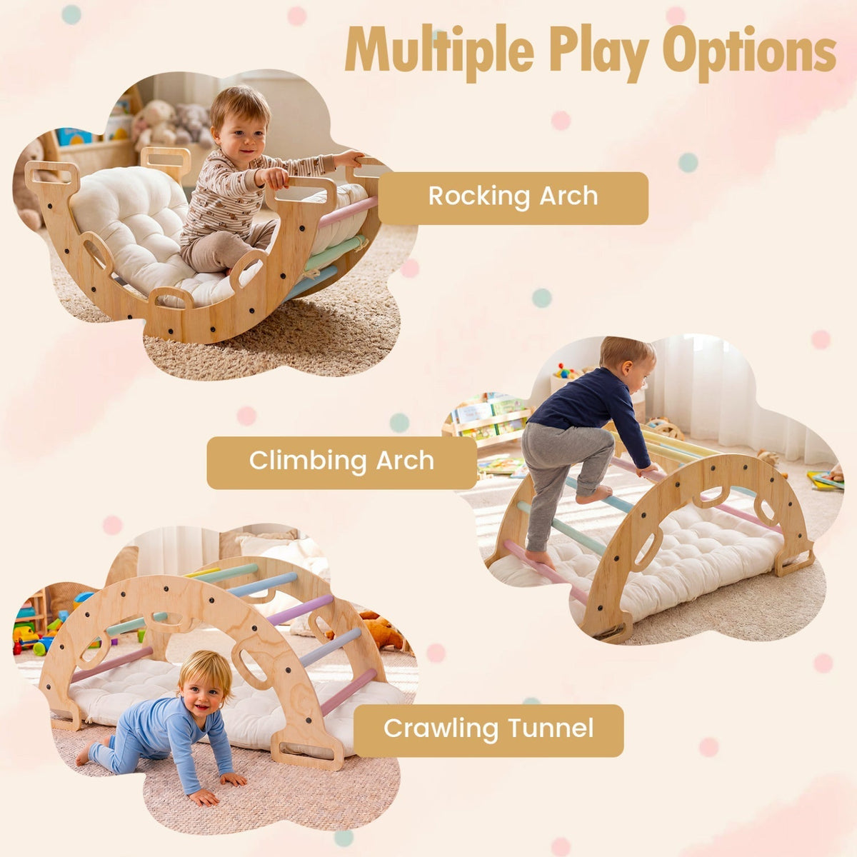 Wooden Rocking Climbing Arch with Cushion 3-in-1 MontessoriClimbing ToyTorqelo.com