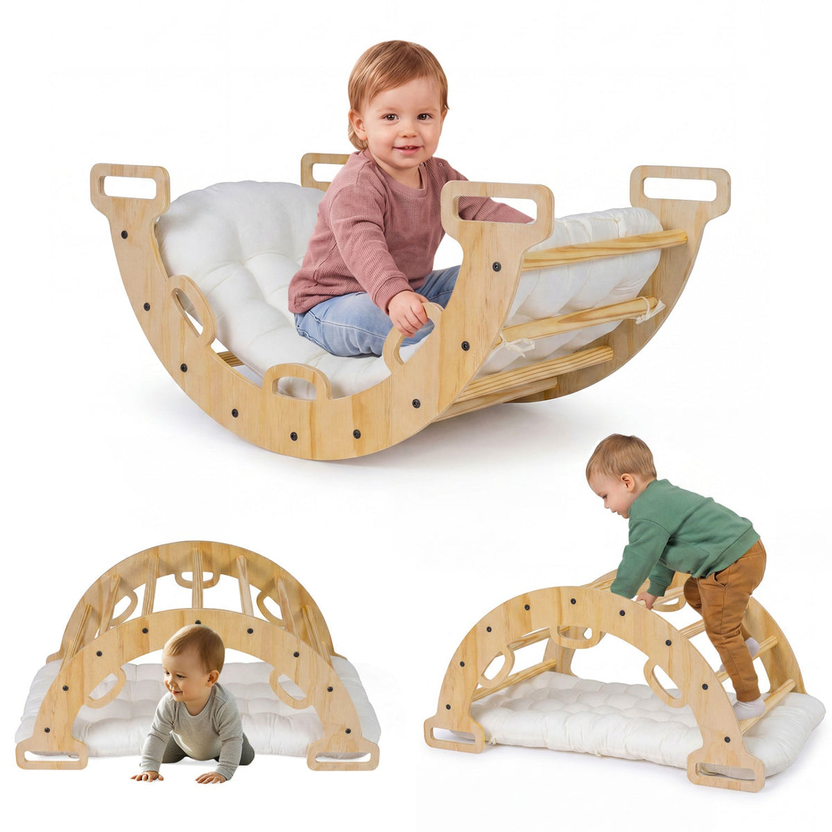Wooden Rocking Climbing Arch with Cushion 3-in-1 MontessoriClimbing ToyTorqelo.com