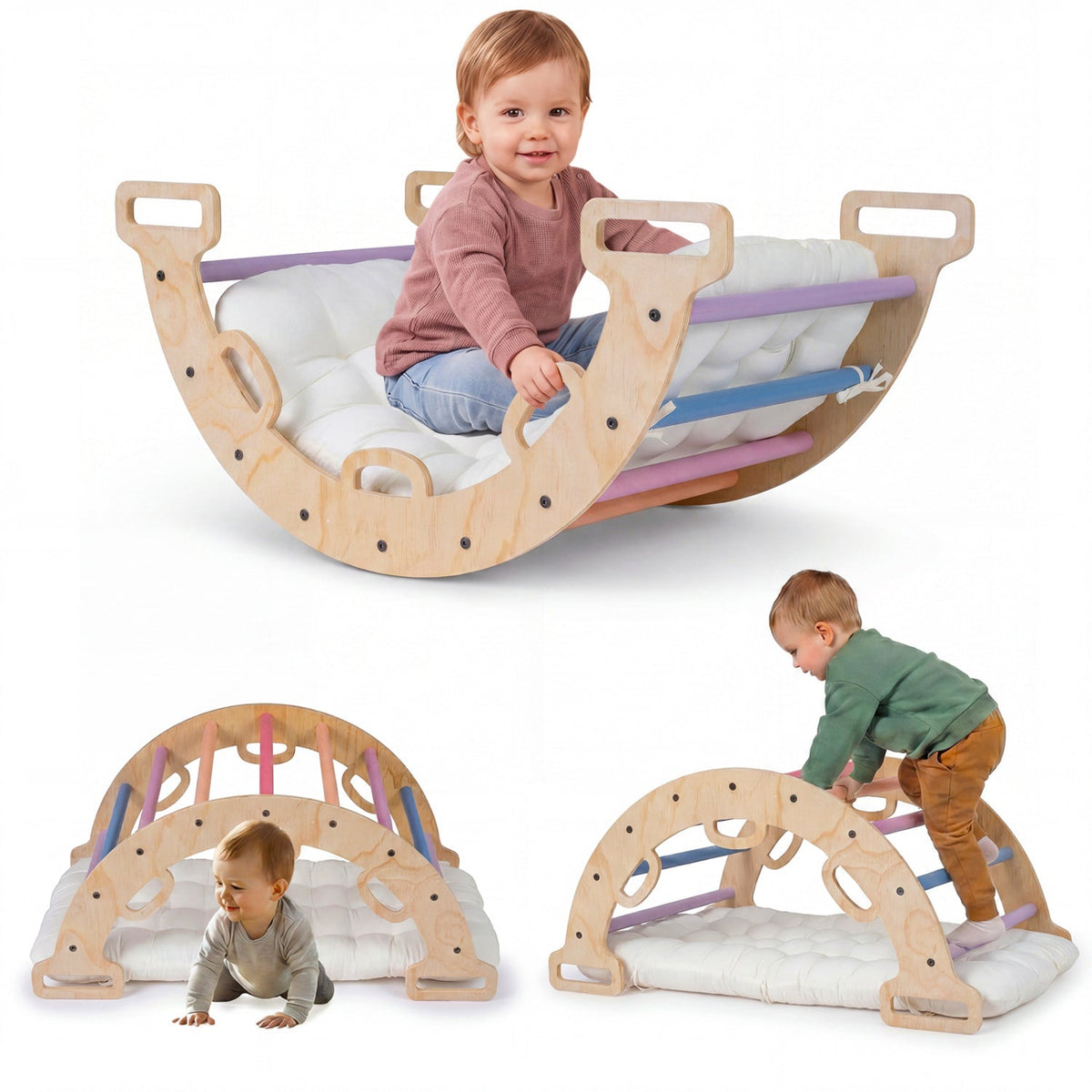 Wooden Rocking Climbing Arch with Cushion 3-in-1 MontessoriClimbing ToyTorqelo.com