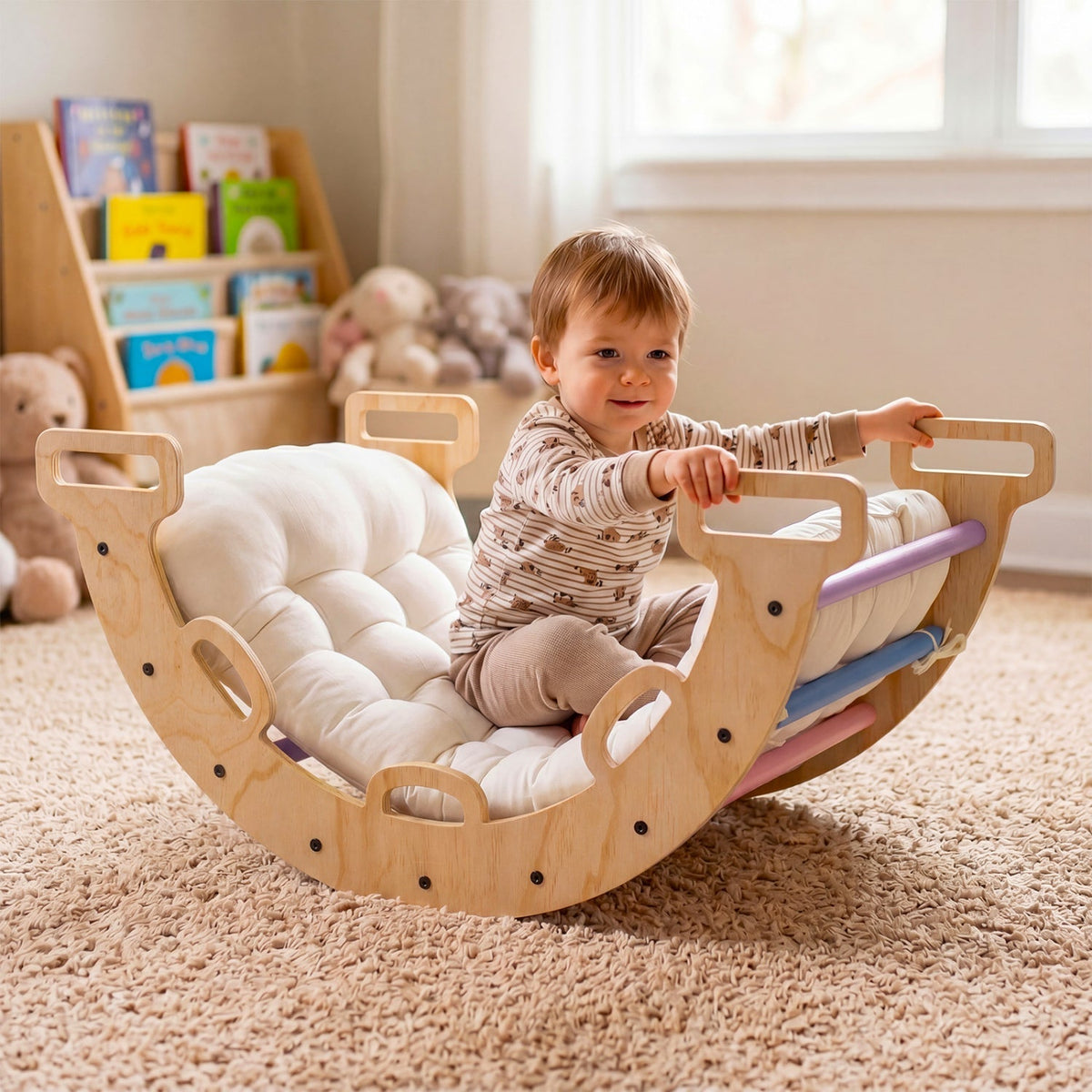 Wooden Rocking Climbing Arch with Cushion 3-in-1 MontessoriClimbing ToyTorqelo.com