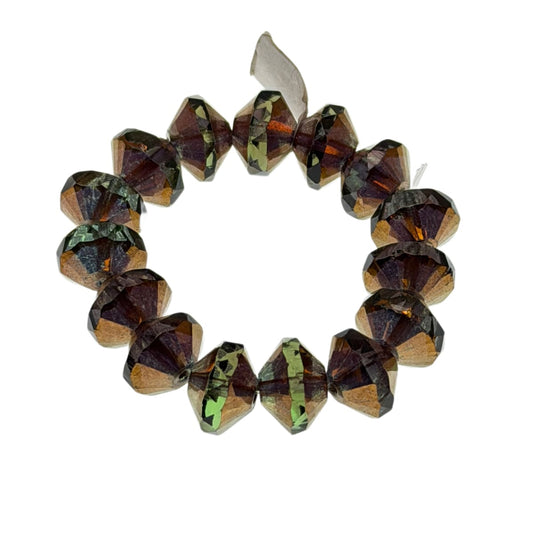 Czech Fire Polished Glass Beads: Olive Green Gold Finish 13mm Saucer - 15 Pieces by Continental Bead Suppliers
