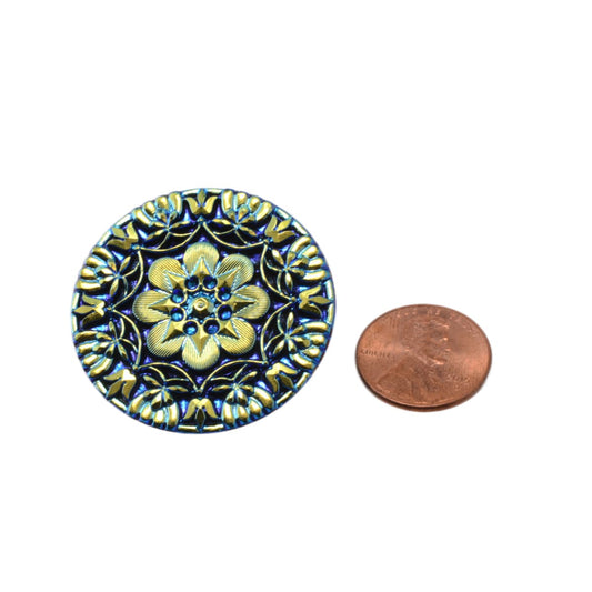 Vintage Czech Glass Dragonfly Button 37mm - Blue Gold Iridescent - Victorian Style Floral by Continental Bead Suppliers