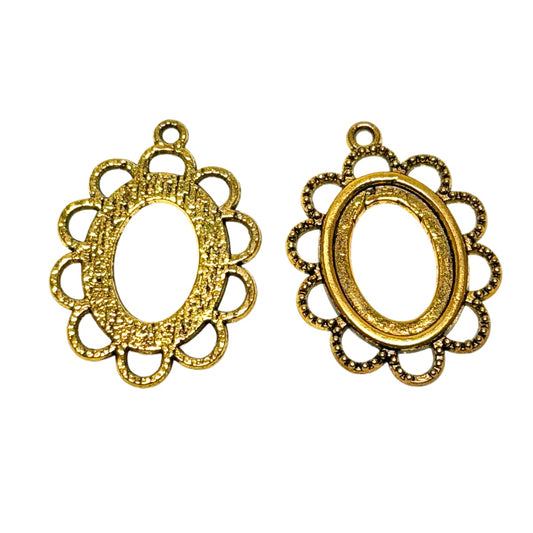 Antique Gold Plated Pewter Bezel Settings 31mm x 23mm - Scalloped Edge Pendant Findings by Continental Bead Suppliers