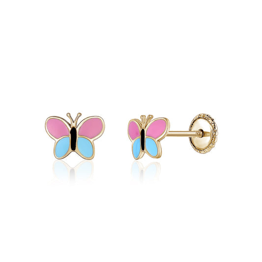 Massete Childrens 14K Gold Screwback Earrings Stud Enameled Butterfly Pink and Blue by Massete